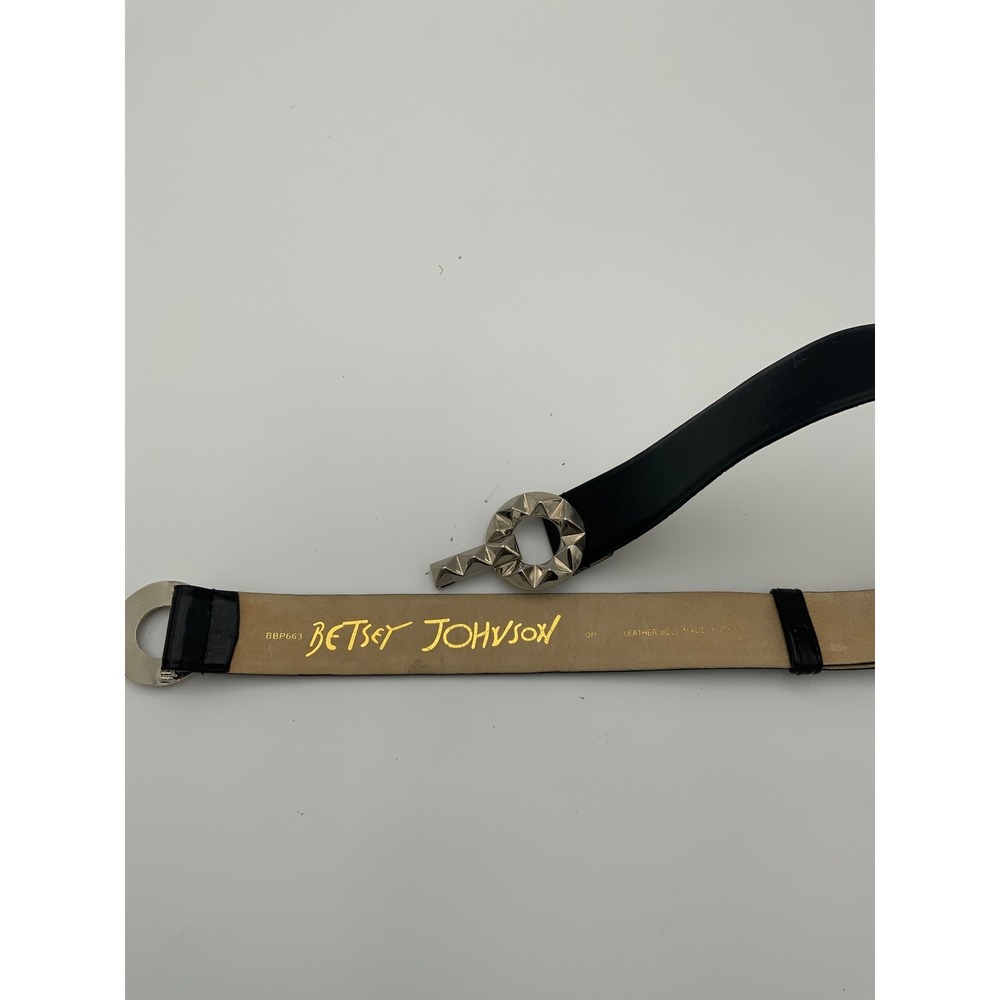 90's Vintage Betsey Johnson Black Leather Belt Silver Studded Geometric Buckle - Picture 2 of 5